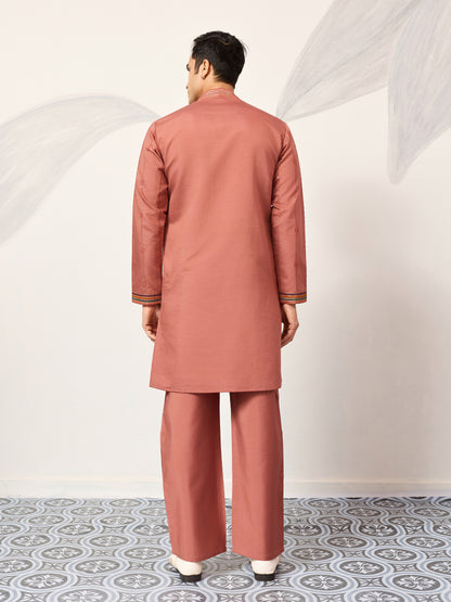 Rust Peach Embroidered Kurta Set with Signature Bird & Floral Motifs