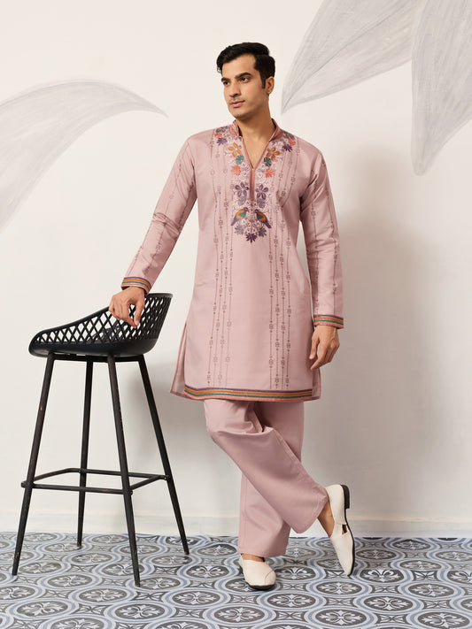 Blush Pink Embroidered Kurta Set with Signature Floral & Bird Motifs