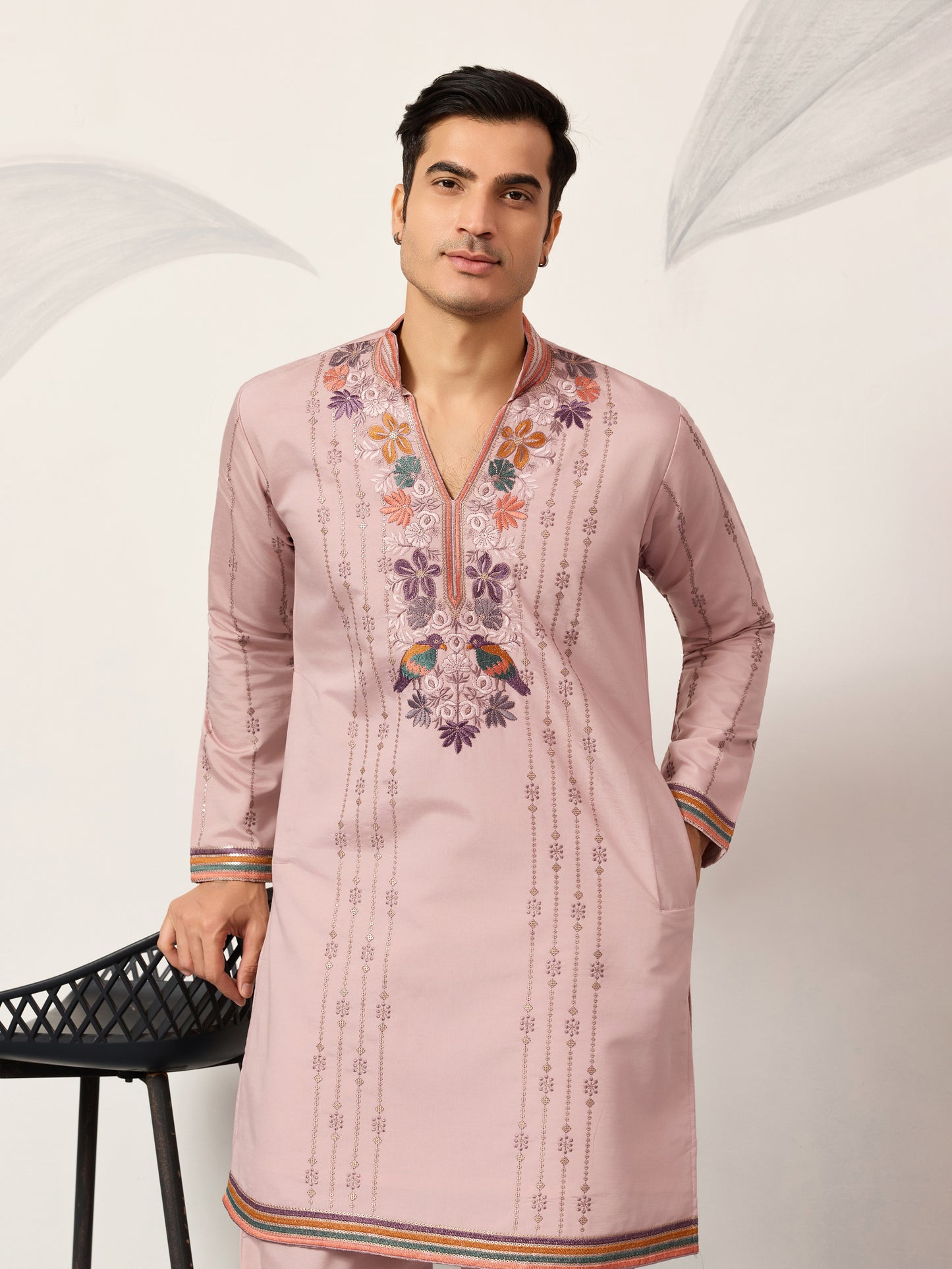 Blush Pink Embroidered Kurta Set with Signature Floral & Bird Motifs