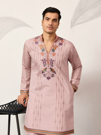 Blush Pink Embroidered Kurta Set with Signature Floral & Bird Motifs
