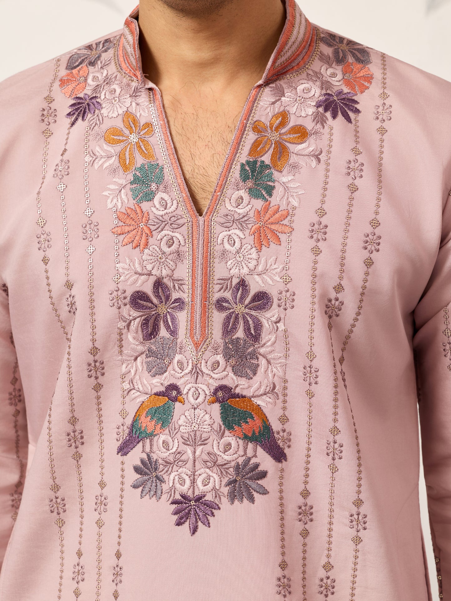 Blush Pink Embroidered Kurta Set with Signature Floral & Bird Motifs