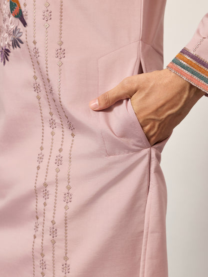 Blush Pink Embroidered Kurta Set with Signature Floral & Bird Motifs
