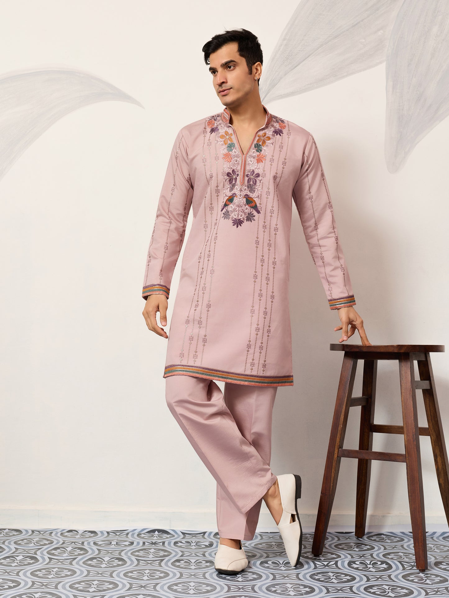 Blush Pink Embroidered Kurta Set with Signature Floral & Bird Motifs