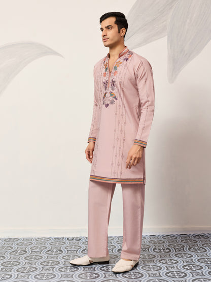 Blush Pink Embroidered Kurta Set with Signature Floral & Bird Motifs