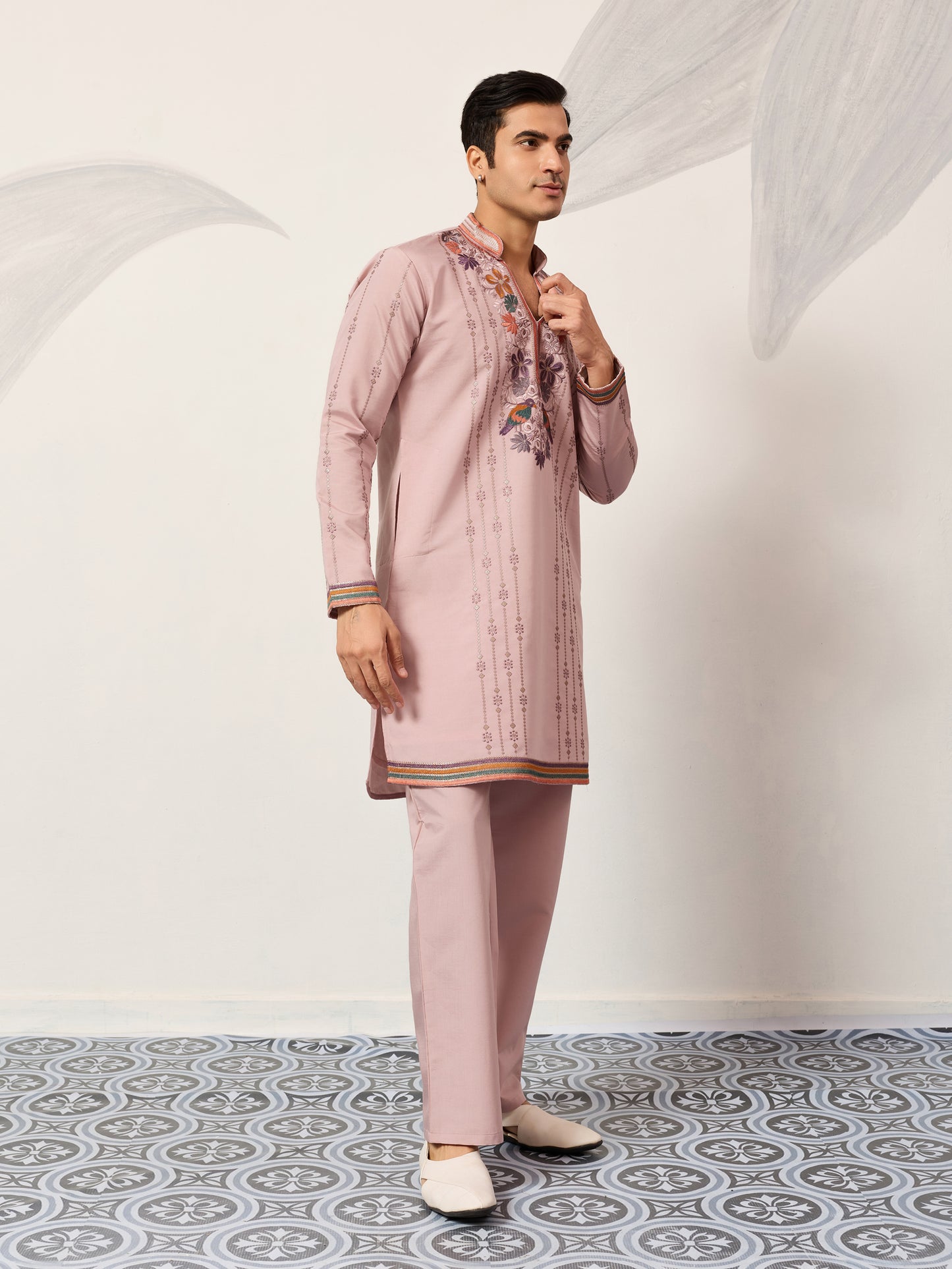 Blush Pink Embroidered Kurta Set with Signature Floral & Bird Motifs