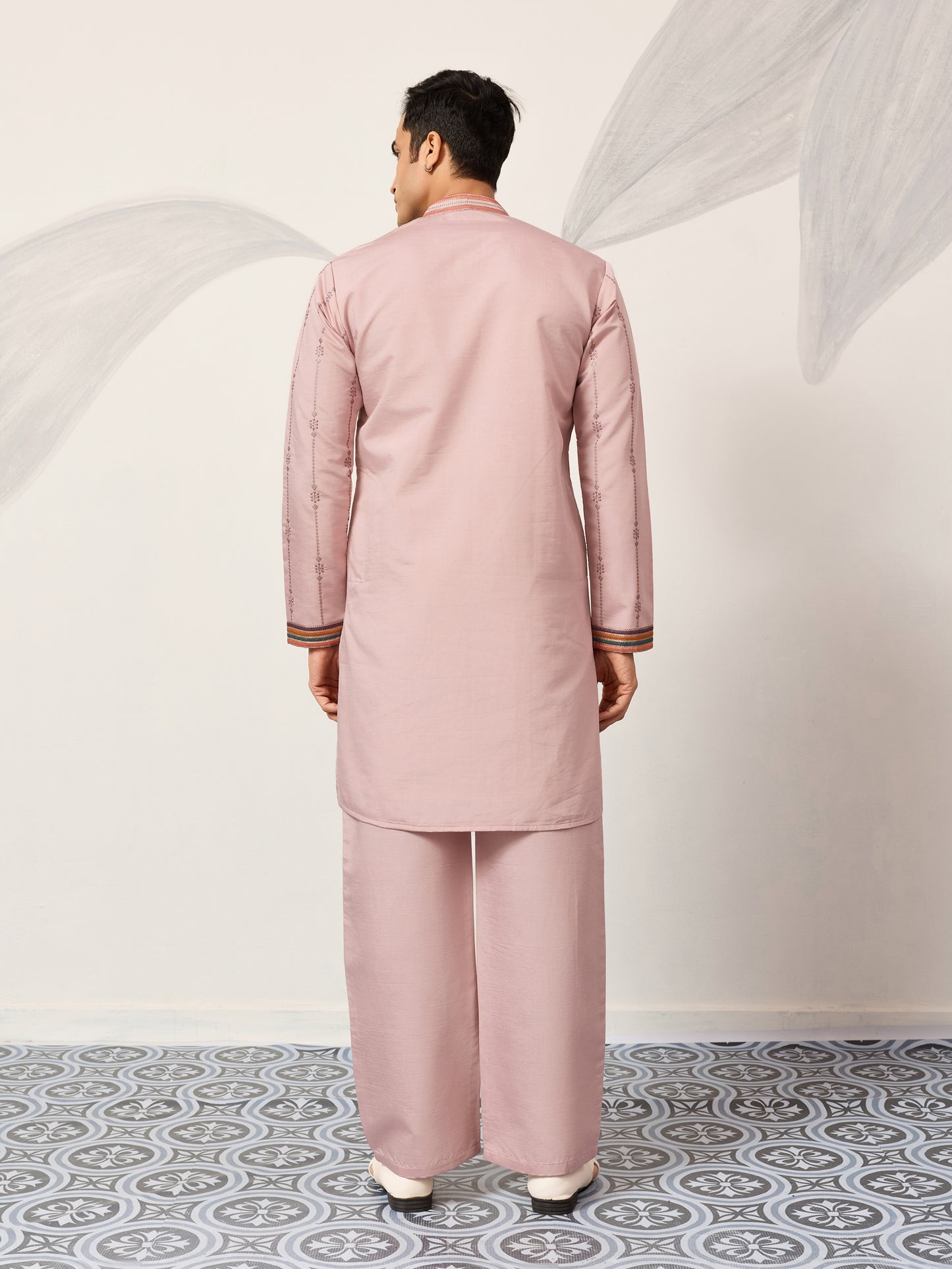 Blush Pink Embroidered Kurta Set with Signature Floral & Bird Motifs