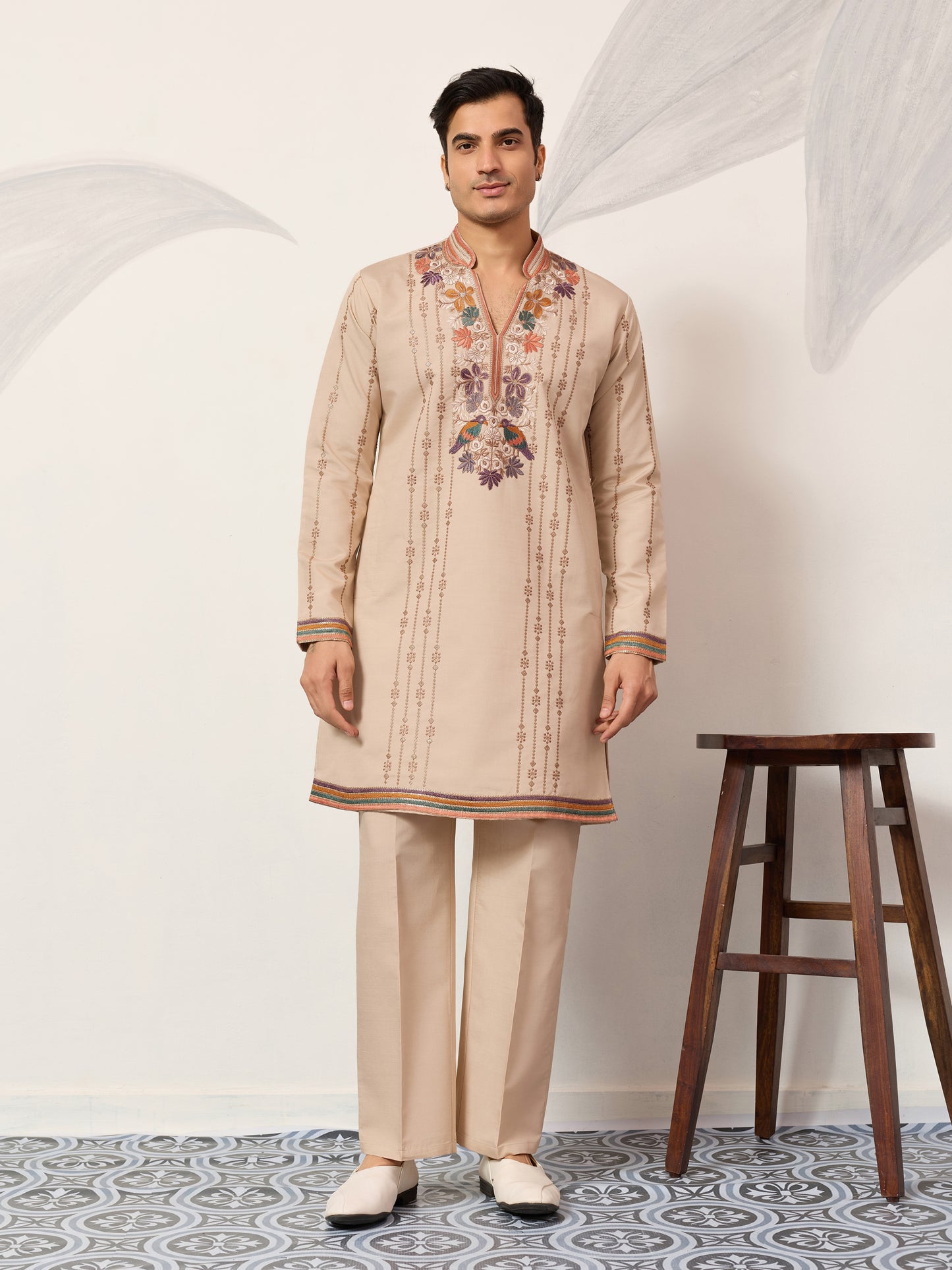 Classic Beige Embroidered Kurta Set with Signature Floral & Bird Artistry