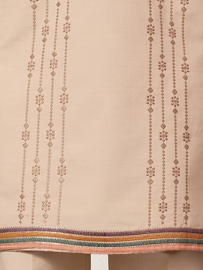 Classic Beige Embroidered Kurta Set with Signature Floral & Bird Artistry