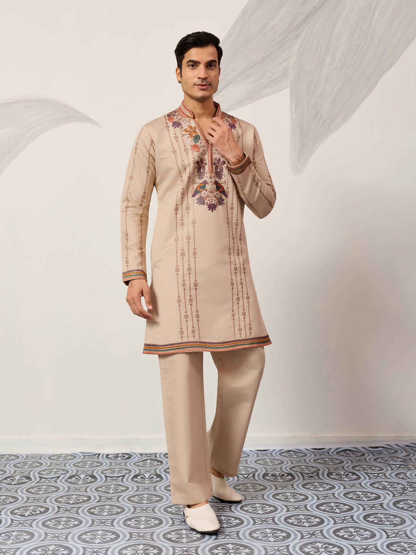 Classic Beige Embroidered Kurta Set with Signature Floral & Bird Artistry