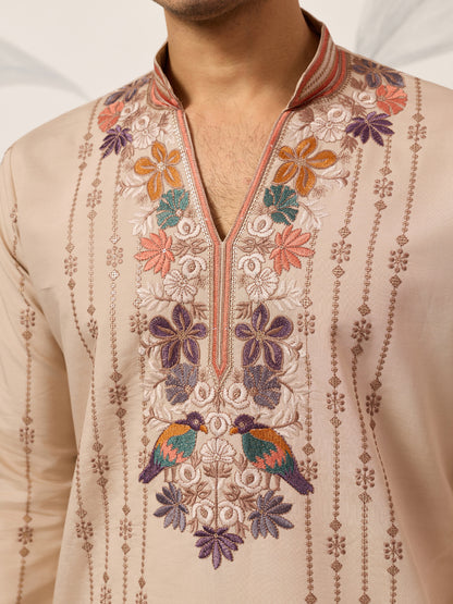 Classic Beige Embroidered Kurta Set with Signature Floral & Bird Artistry
