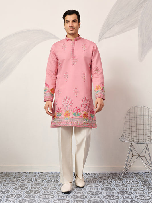 Elegant Pink Floral Embroidered Kurta for Men – Festive & Wedding Wear