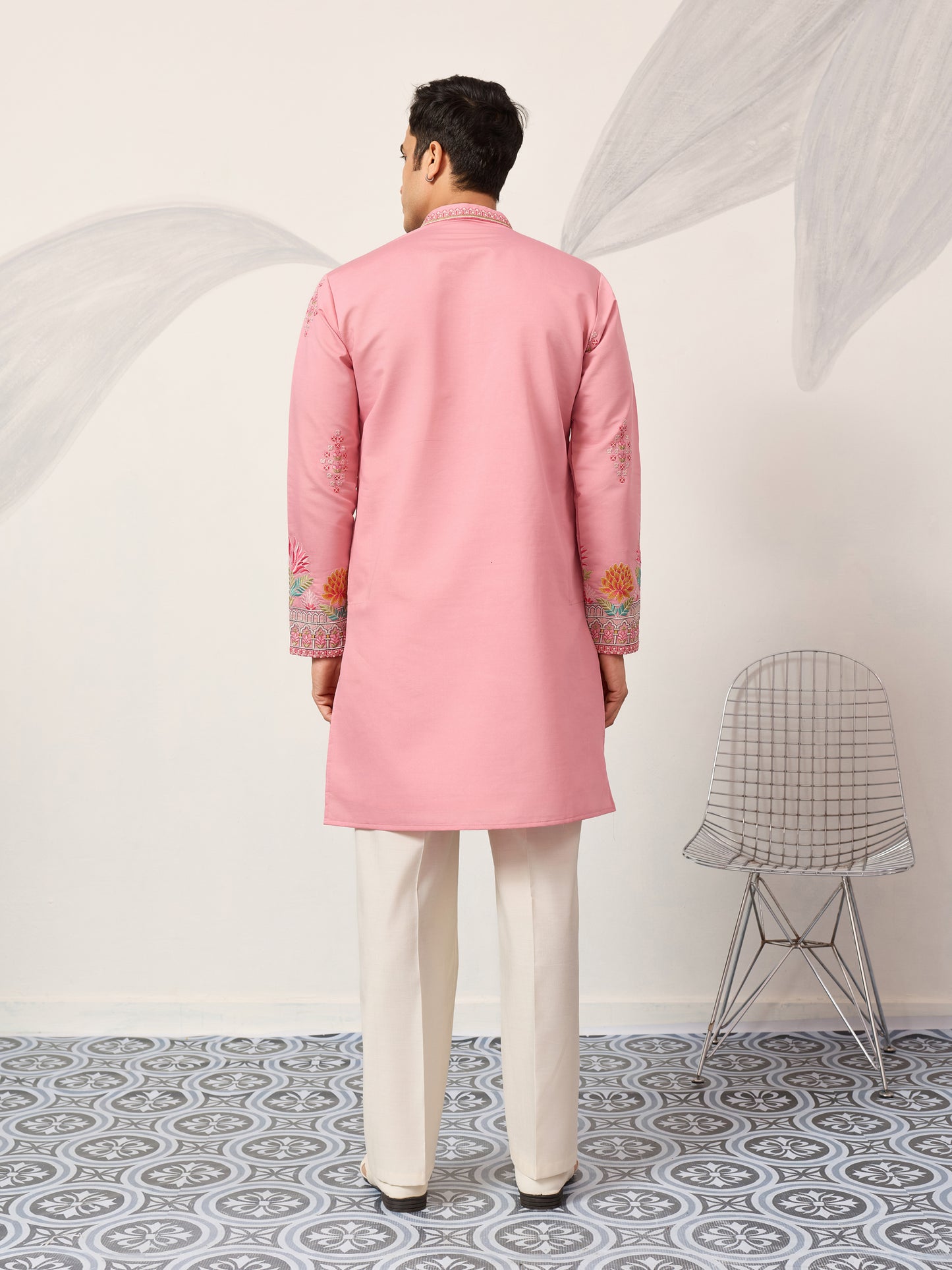 Elegant Pink Floral Embroidered Kurta for Men – Festive & Wedding Wear