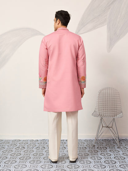 Elegant Pink Floral Embroidered Kurta for Men – Festive & Wedding Wear