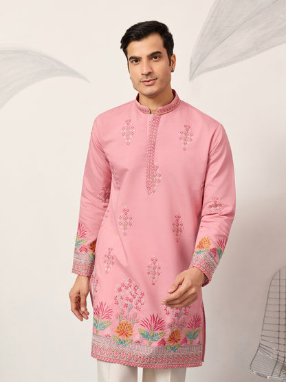 Elegant Pink Floral Embroidered Kurta for Men – Festive & Wedding Wear