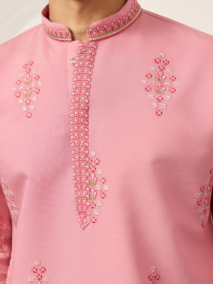 Elegant Pink Floral Embroidered Kurta for Men – Festive & Wedding Wear