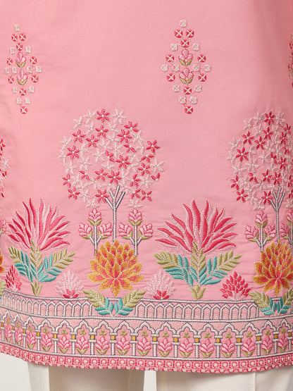 Elegant Pink Floral Embroidered Kurta for Men – Festive & Wedding Wear