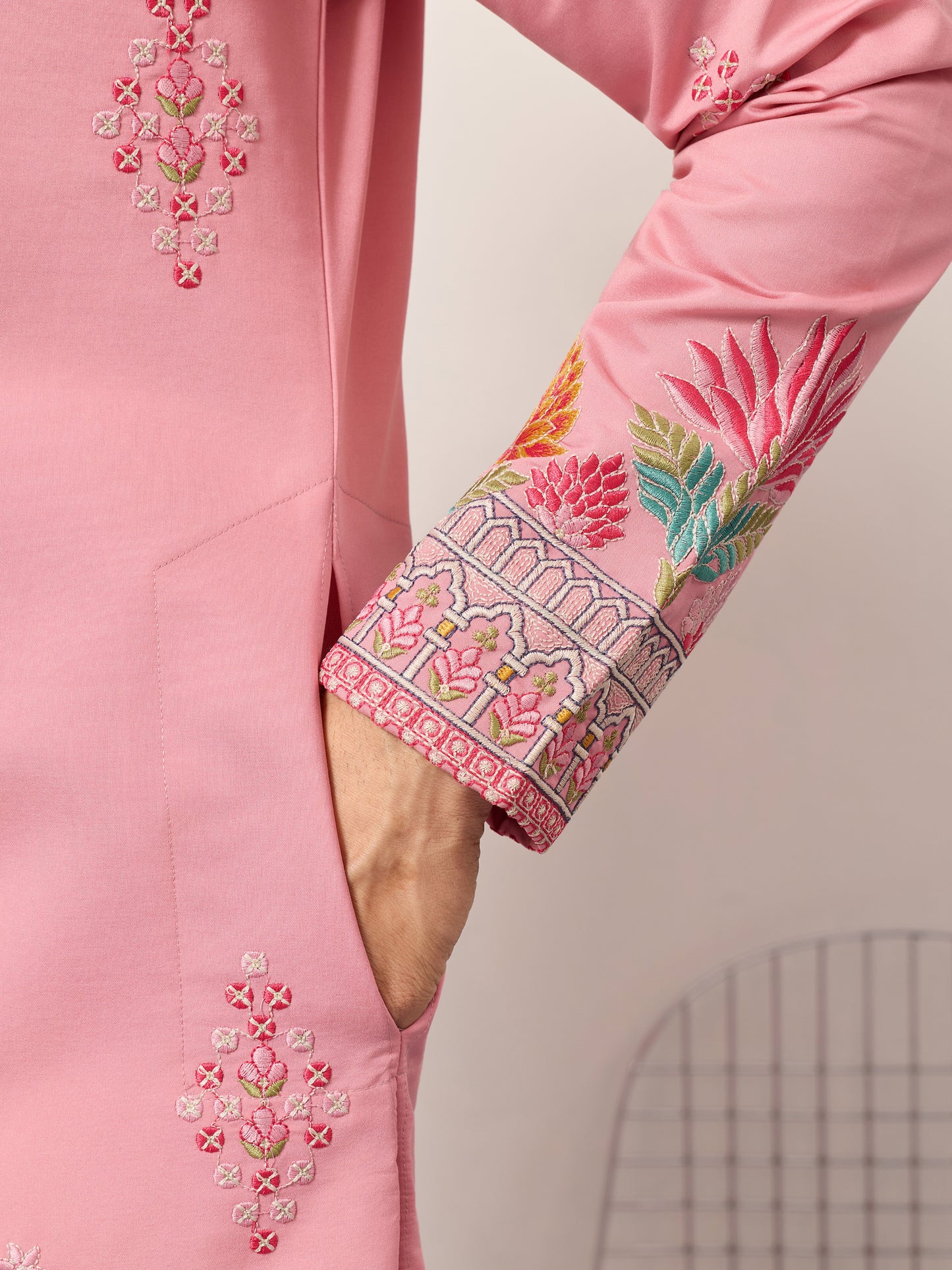 Elegant Pink Floral Embroidered Kurta for Men – Festive & Wedding Wear