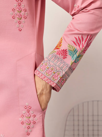 Elegant Pink Floral Embroidered Kurta for Men – Festive & Wedding Wear