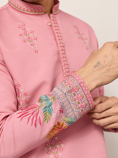 Elegant Pink Floral Embroidered Kurta for Men – Festive & Wedding Wear