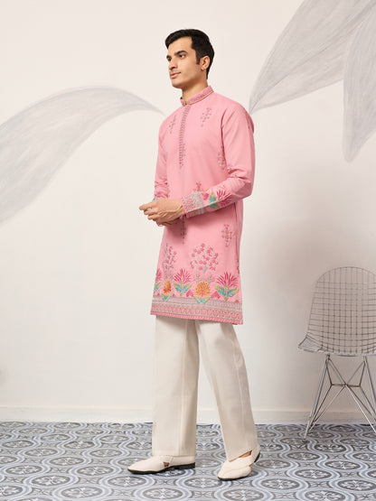 Elegant Pink Floral Embroidered Kurta for Men – Festive & Wedding Wear