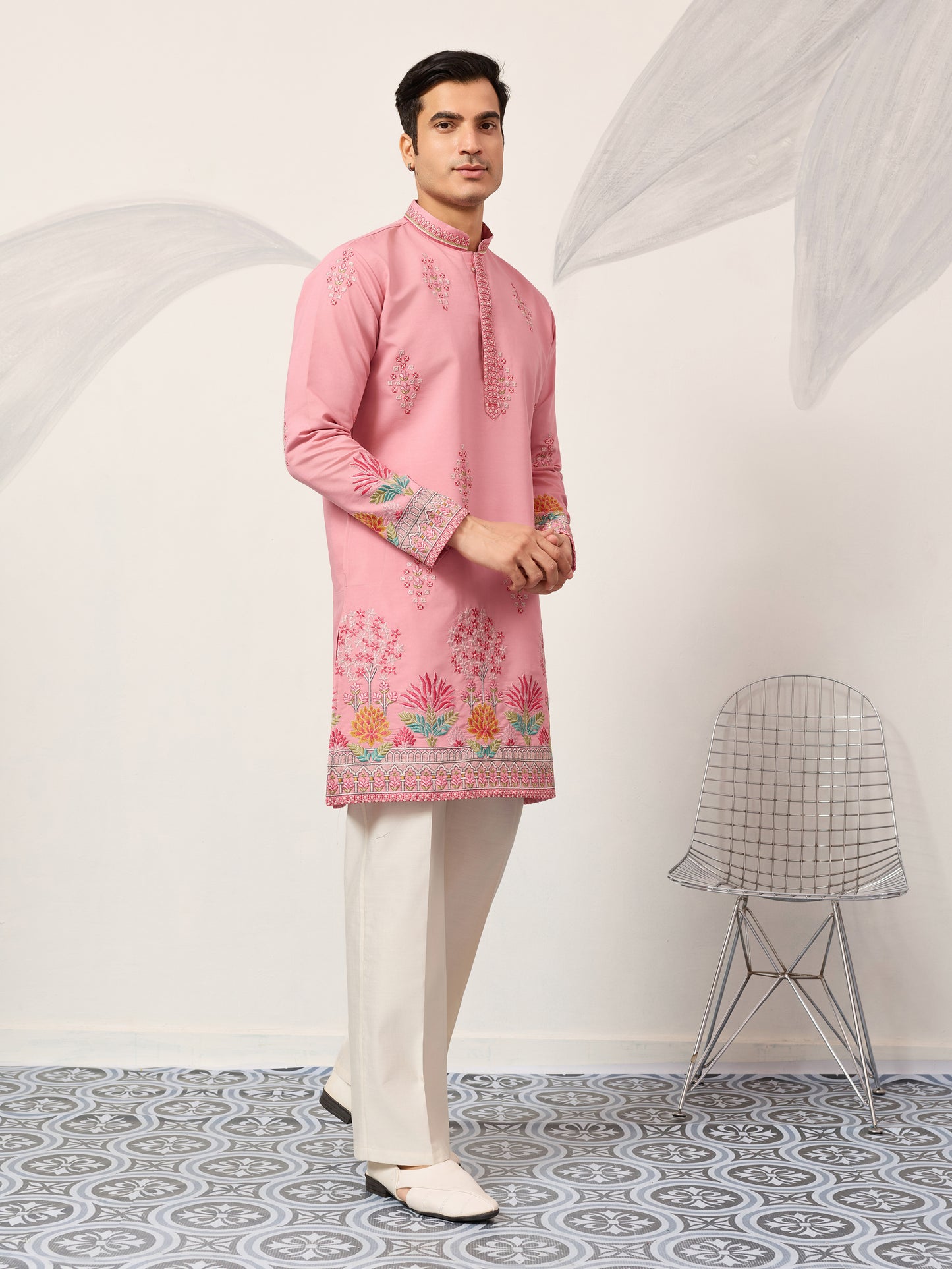 Elegant Pink Floral Embroidered Kurta for Men – Festive & Wedding Wear