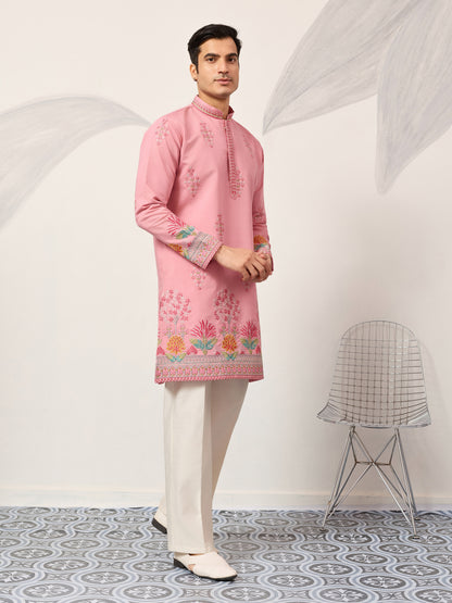 Elegant Pink Floral Embroidered Kurta for Men – Festive & Wedding Wear