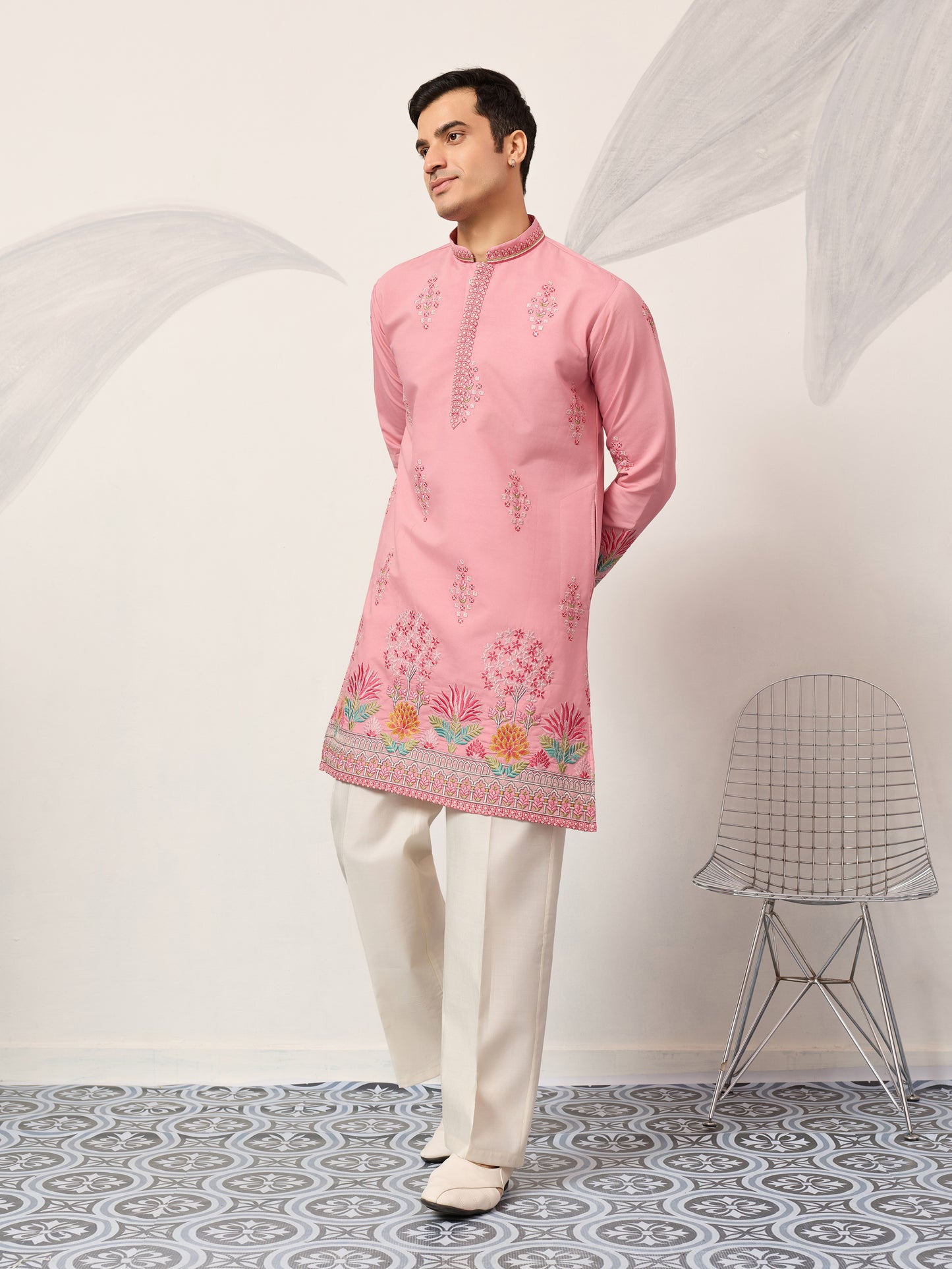 Elegant Pink Floral Embroidered Kurta for Men – Festive & Wedding Wear