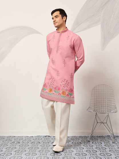 Elegant Pink Floral Embroidered Kurta for Men – Festive & Wedding Wear