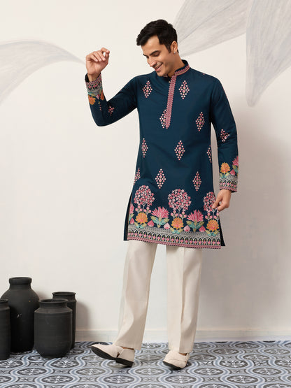 Royal Teal Blue Floral Embroidered Designer Kurta for Men