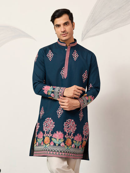 Royal Teal Blue Floral Embroidered Designer Kurta for Men