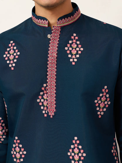Royal Teal Blue Floral Embroidered Designer Kurta for Men