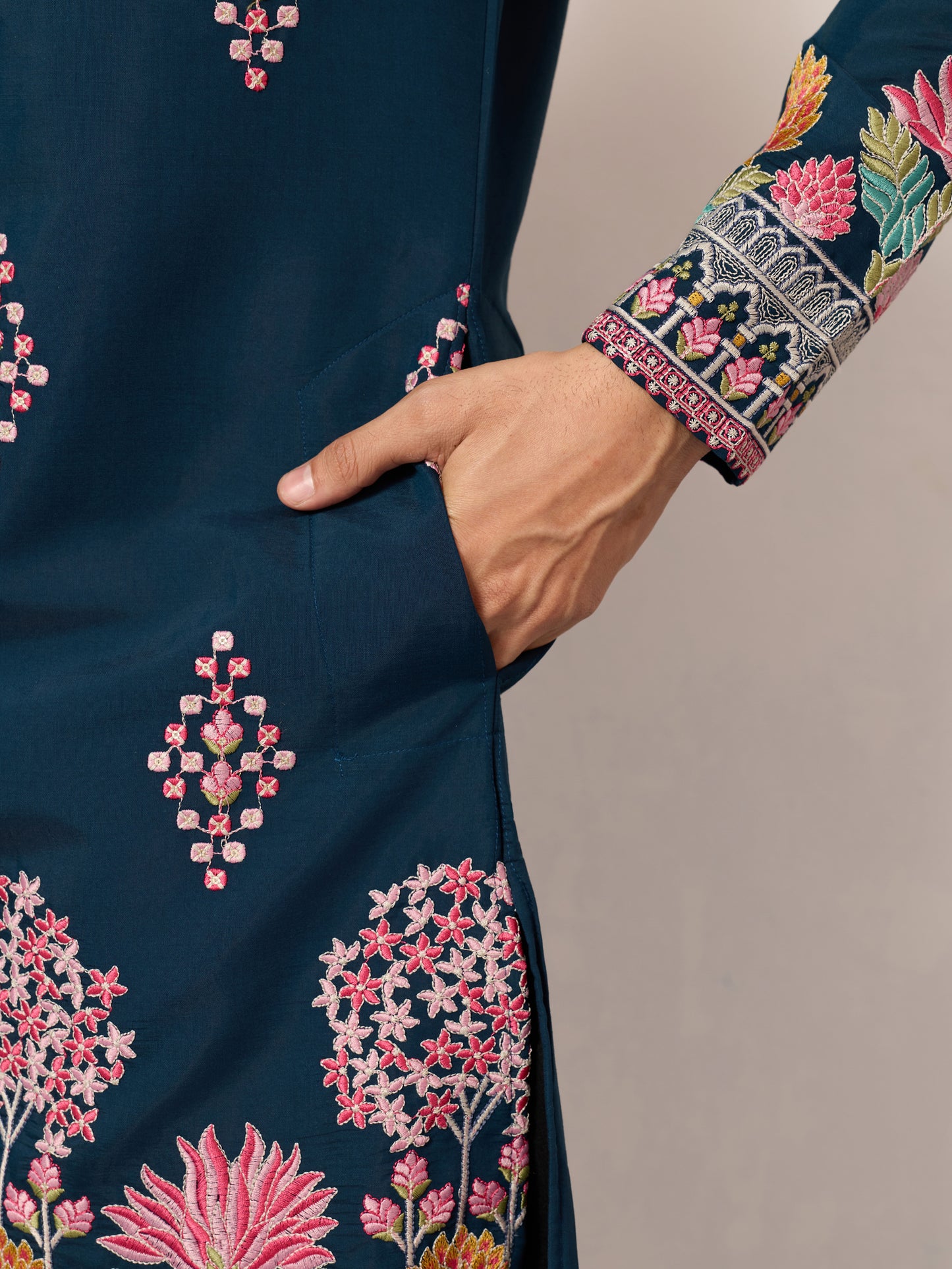 Royal Teal Blue Floral Embroidered Designer Kurta for Men