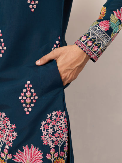Royal Teal Blue Floral Embroidered Designer Kurta for Men