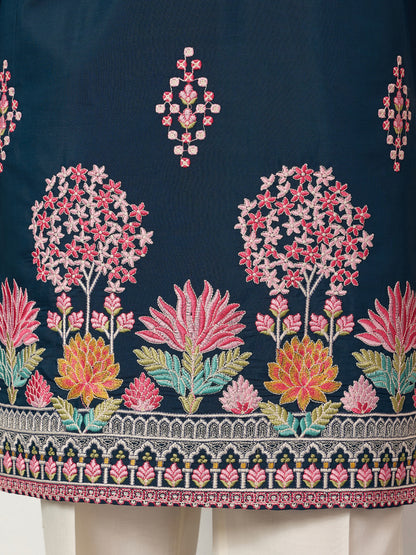 Royal Teal Blue Floral Embroidered Designer Kurta for Men