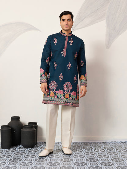 Royal Teal Blue Floral Embroidered Designer Kurta for Men