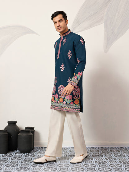 Royal Teal Blue Floral Embroidered Designer Kurta for Men