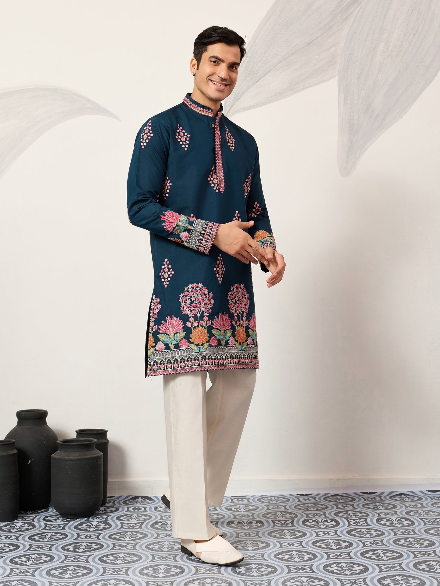 Royal Teal Blue Floral Embroidered Designer Kurta for Men
