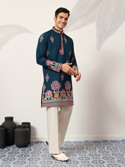 Royal Teal Blue Floral Embroidered Designer Kurta for Men