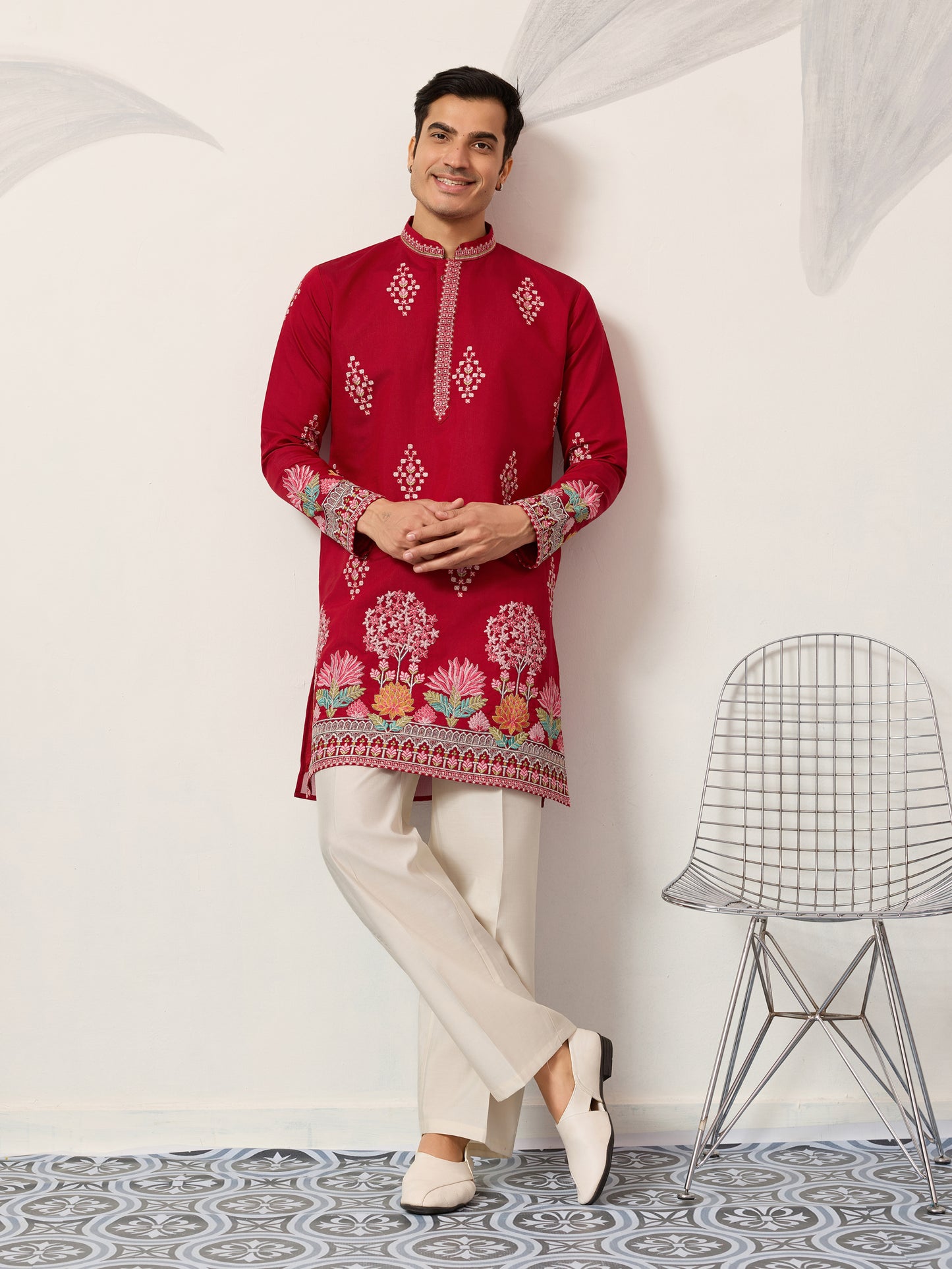 Royal Crimson Red Floral Embroidered Designer Kurta for Men