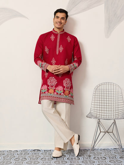 Royal Crimson Red Floral Embroidered Designer Kurta for Men
