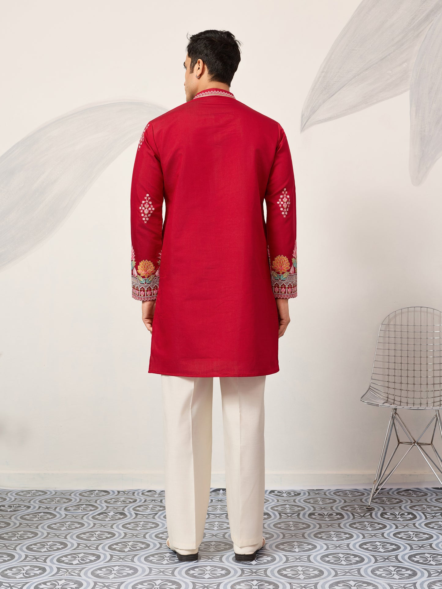 Royal Crimson Red Floral Embroidered Designer Kurta for Men