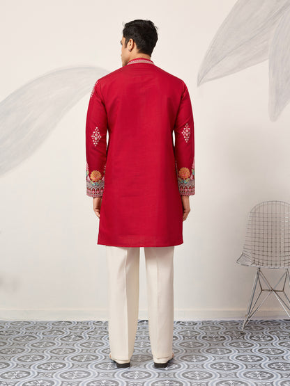 Royal Crimson Red Floral Embroidered Designer Kurta for Men