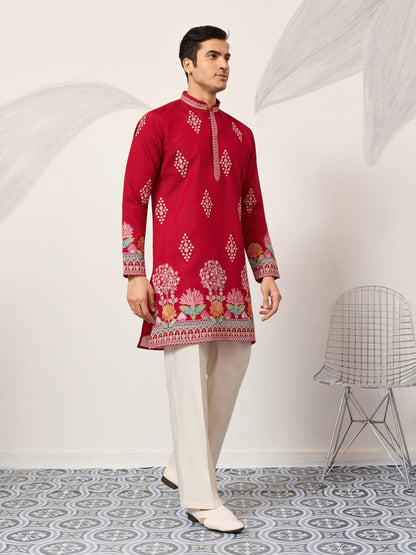 Royal Crimson Red Floral Embroidered Designer Kurta for Men