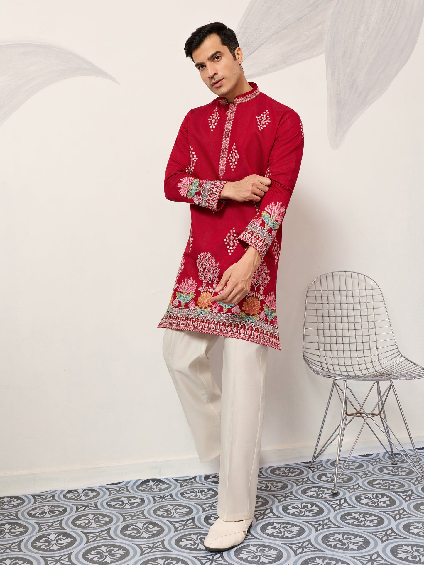 Royal Crimson Red Floral Embroidered Designer Kurta for Men