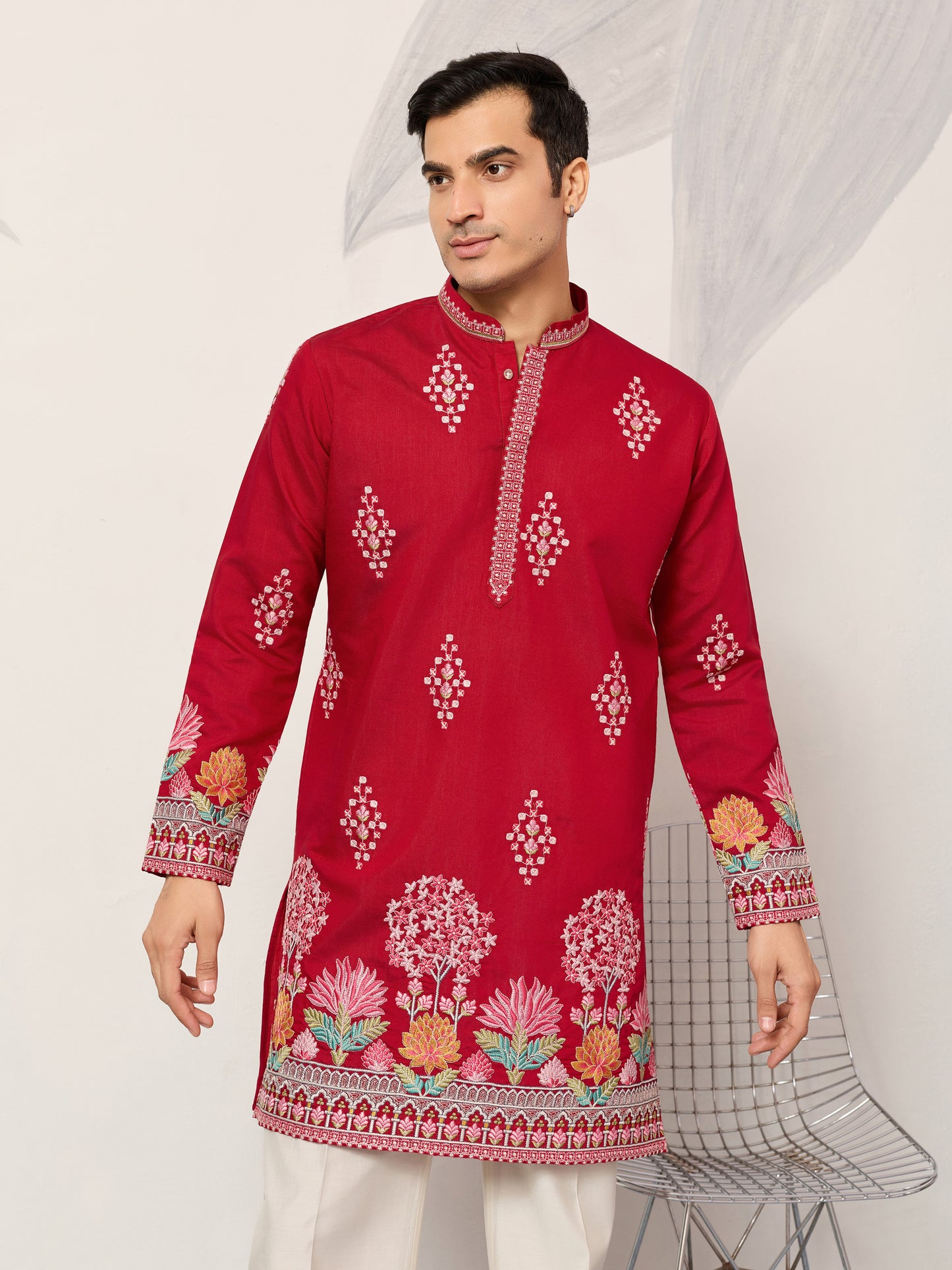 Royal Crimson Red Floral Embroidered Designer Kurta for Men