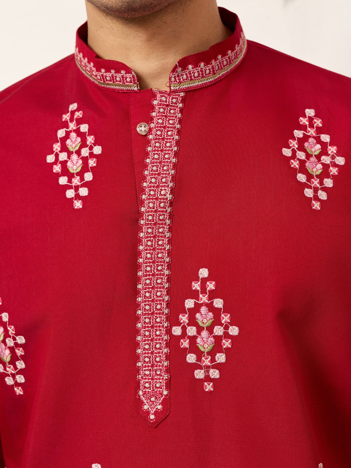 Royal Crimson Red Floral Embroidered Designer Kurta for Men