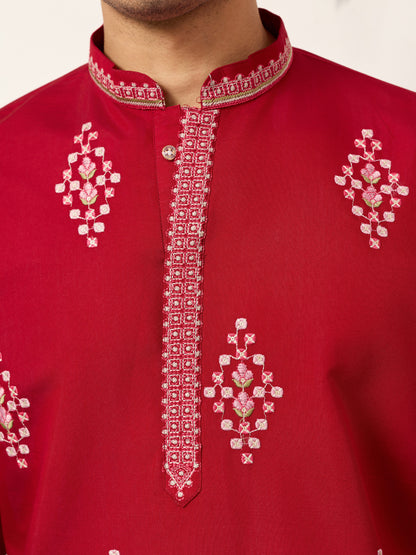Royal Crimson Red Floral Embroidered Designer Kurta for Men