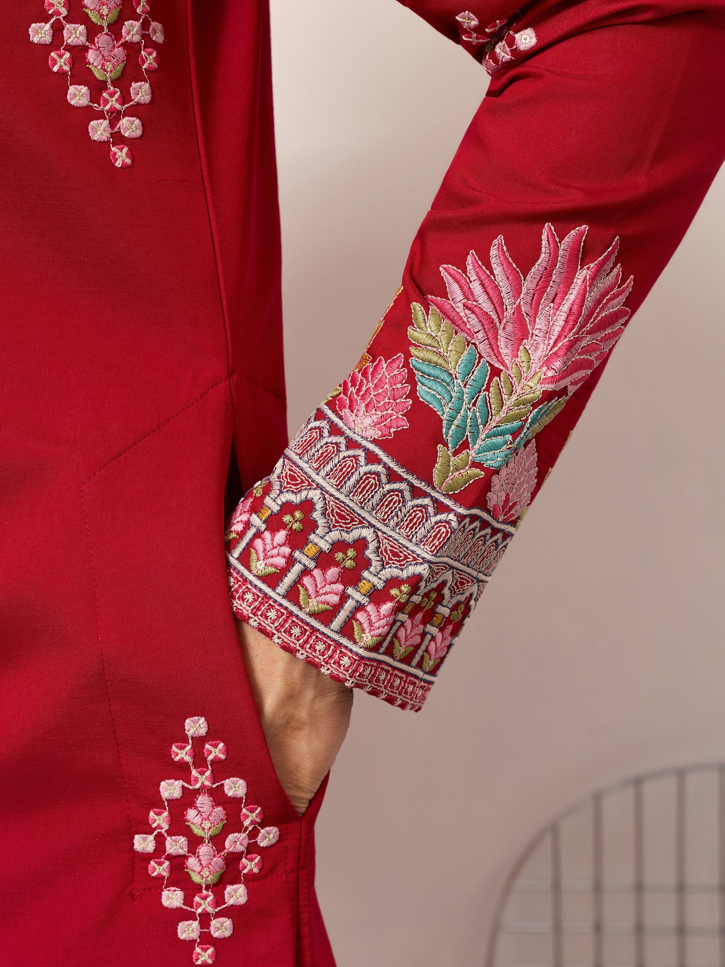 Royal Crimson Red Floral Embroidered Designer Kurta for Men