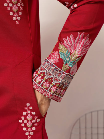 Royal Crimson Red Floral Embroidered Designer Kurta for Men