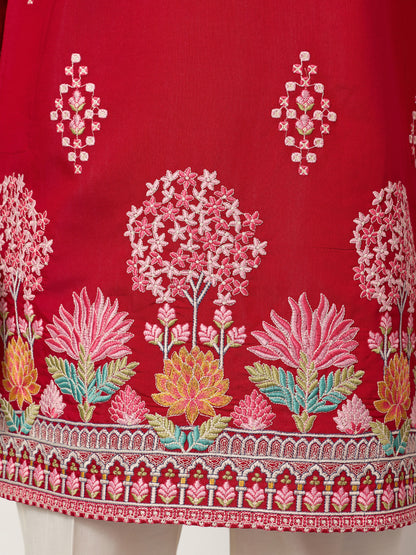 Royal Crimson Red Floral Embroidered Designer Kurta for Men